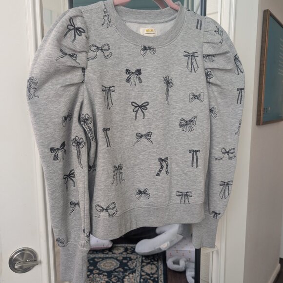 NWOT Maeve Anthropologie Gray Puff-Sleeve Bow Embroidered Sweatshirt - Size M - Picture 2 of 10